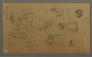 Castello medievale, due torri, studi di figure, vicino a Thun, possibilmente 1868